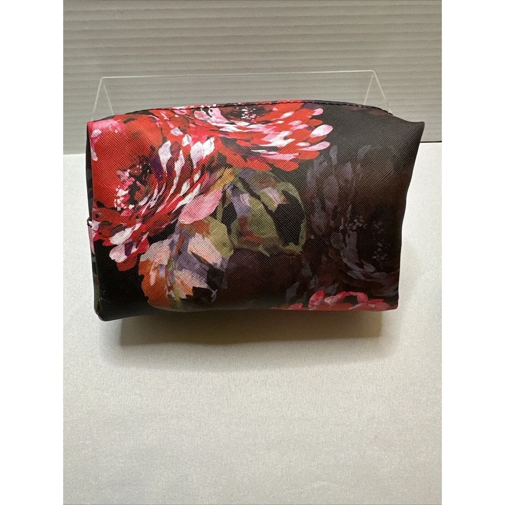 TRINA TURK Black W/ Red‎ & Pink Floral Print Travel/ Makeup/ Cosmetics Bag NWOT
